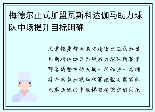 梅德尔正式加盟瓦斯科达伽马助力球队中场提升目标明确 梅德尔正式加盟瓦斯科达伽马助力球队中场提升目标明确