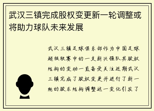 武汉三镇完成股权变更新一轮调整或将助力球队未来发展